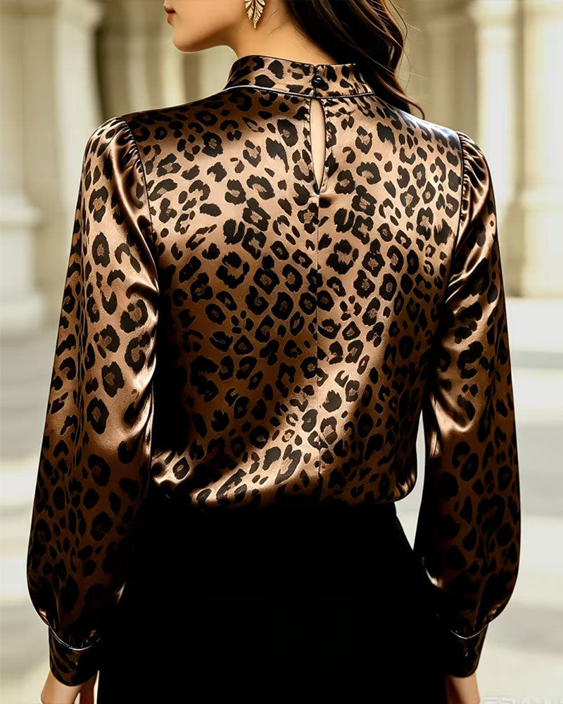 Bluse Mock Neck Leopard Kontrast Drapierung