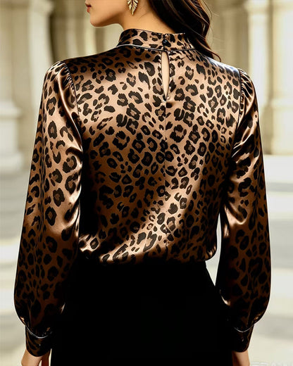 Bluse Mock Neck Leopard Kontrast Drapierung