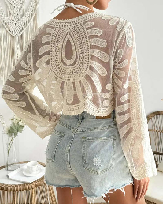 Bluse Langarm Durchsichtig Cropped Überwurf