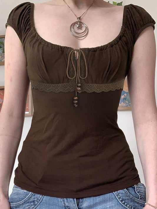 Einfarbiges Vintage T-Shirt mit Perlen Kordelzug Kurzarm