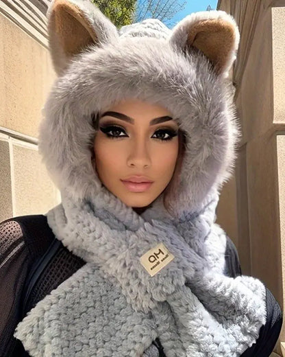 Winter Warm Mütze Schal Mit Cartoon Tierohren