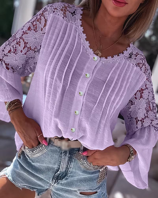 Blouse Mode Geschnitten Spitze Patchwork