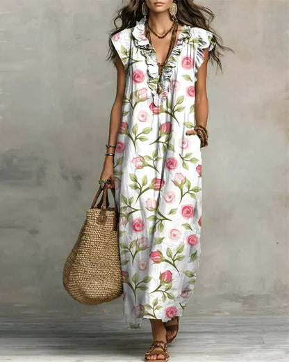 Kleid Rosenprint Rüsche V-Ausschnitt