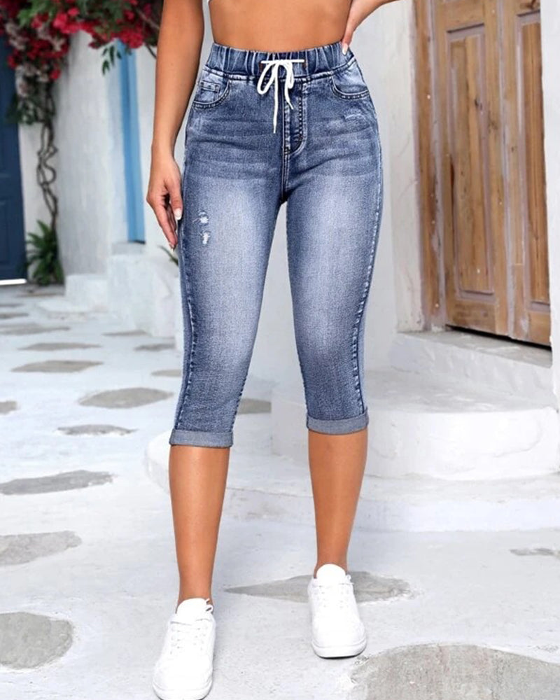 Jeans Kordelzug Hohe Taille Distressed