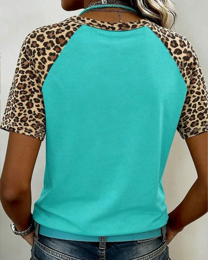T-Shirt Leopardenprint Patchwork Raglanärmel
