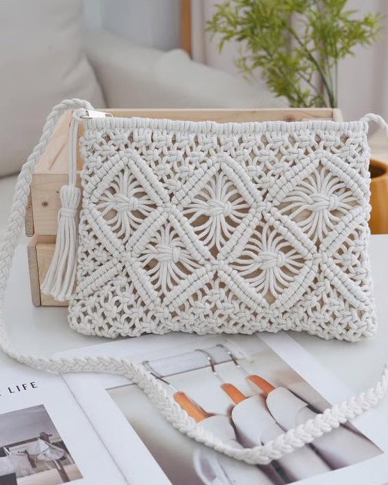 🏆Blitzangebot⚡Minimalistische Quasten Damenclutch – Retro Tasche aus Baumwollseil Geflochten Boho Strandtasche für den Sommerurlaub