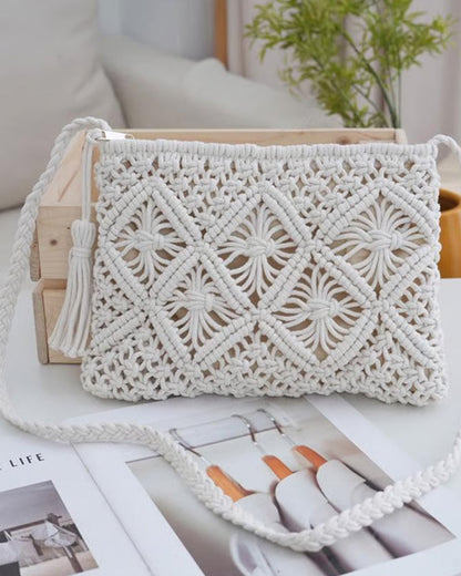 🏆Blitzangebot⚡Minimalistische Quasten Damenclutch – Retro Tasche aus Baumwollseil Geflochten Boho Strandtasche für den Sommerurlaub
