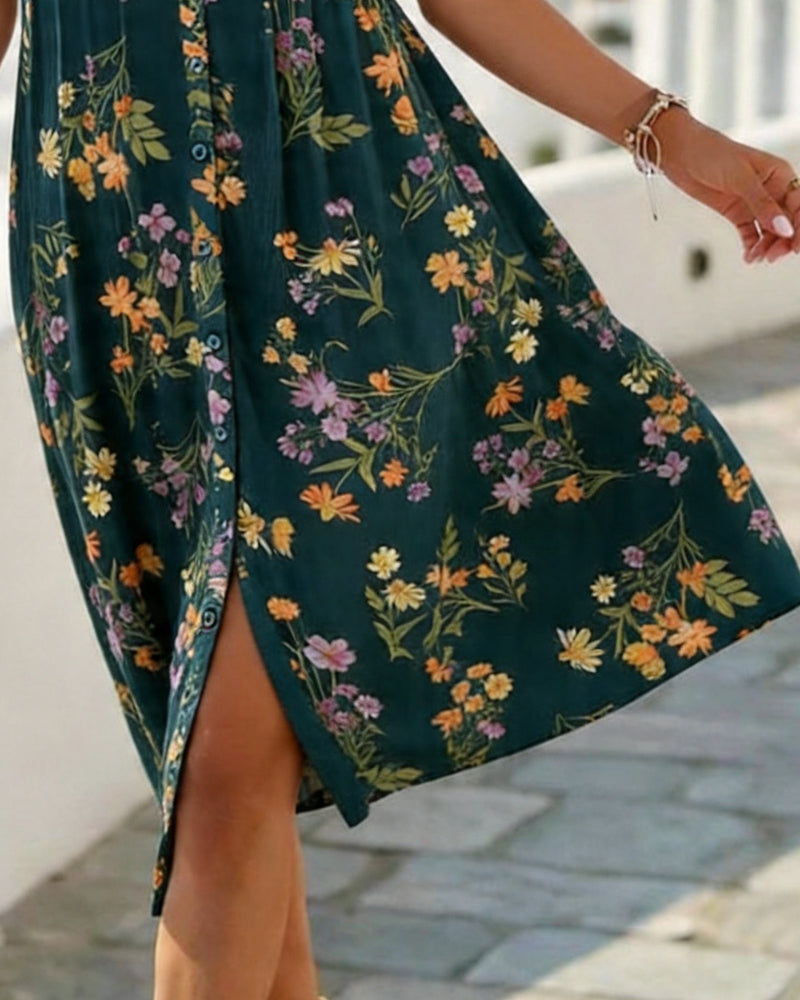 Kleid Blumen Kurzarm V-Ausschnitt