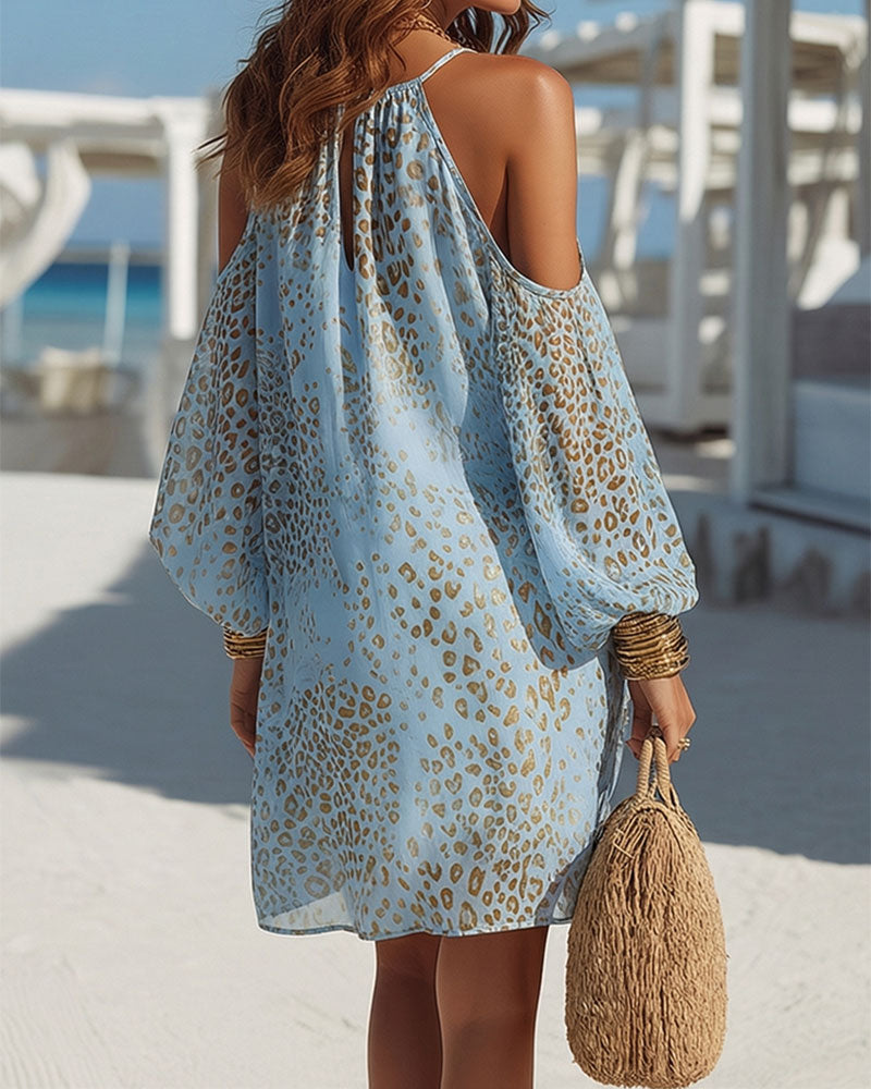 Kleid Leopardenmuster Halterneck Off-Shoulder Kurz