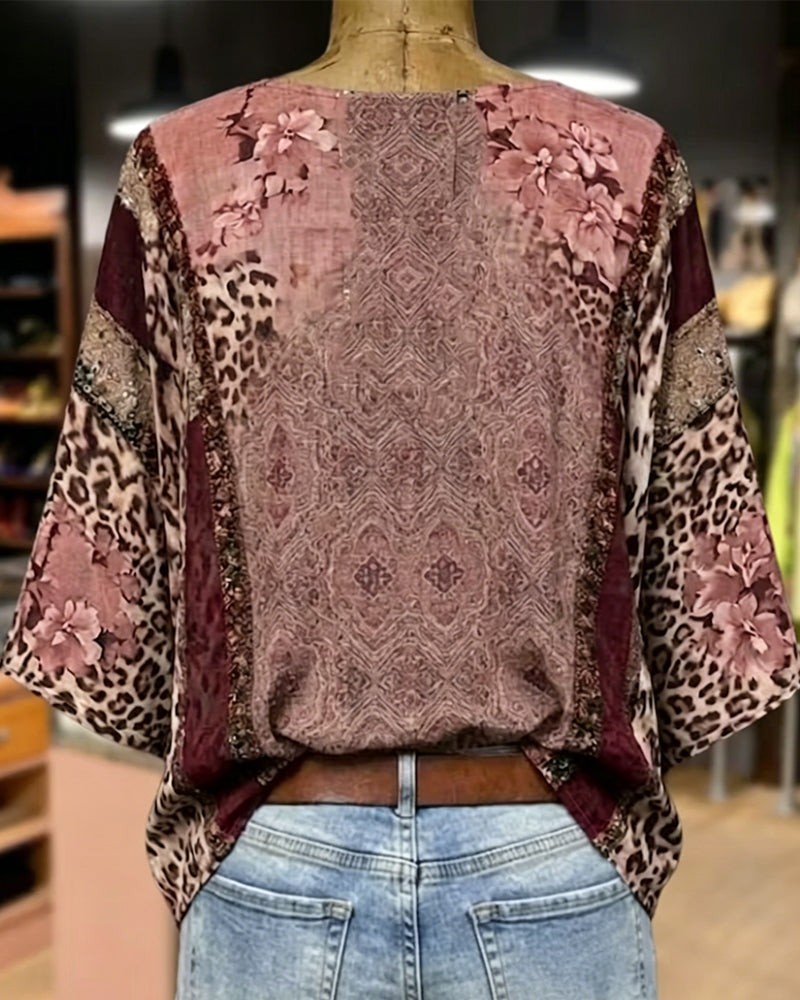 Bluse V-Ausschnitt Laterne Ärmel Leopard
