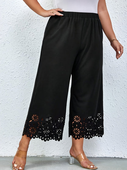 Black wide trousers with elastic waistband and lace trim - Clara