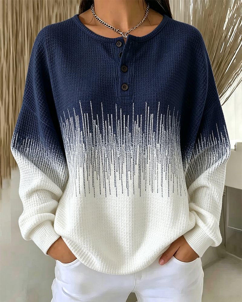 Sweatshirt Rundhalsausschnitt Knopf Waffelstrick Farbblock