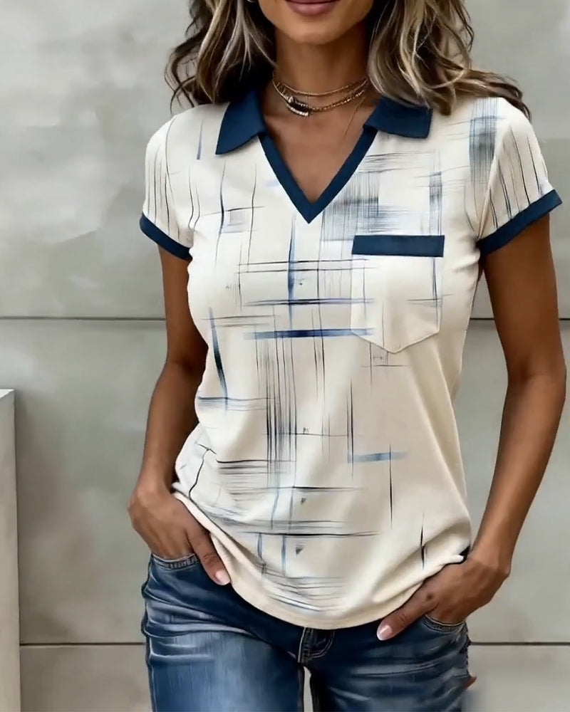 Top V-Ausschnitt bedruckt Colorblock