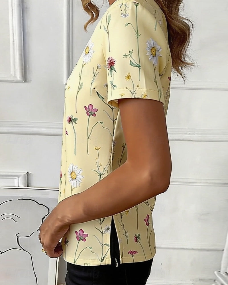 T-Shirt Wildblume Druck Halb Reißverschluss