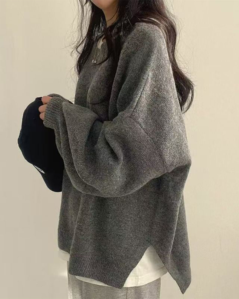 Pullover Rundhals Seite Schlitz