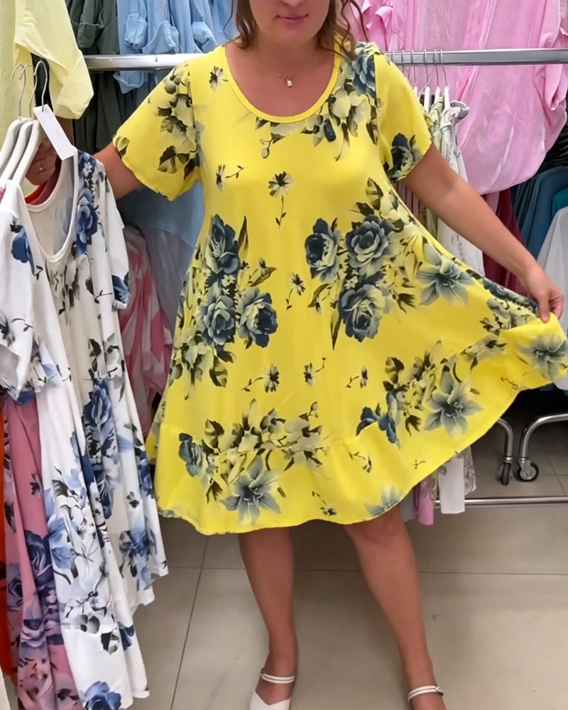 Kleid Rundhals Blumen A-Linie