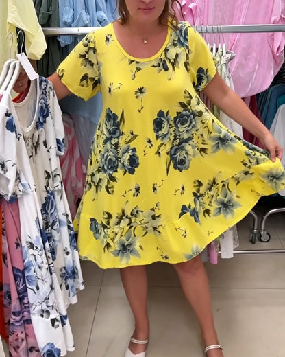 Kleid Rundhals Blumen A-Linie