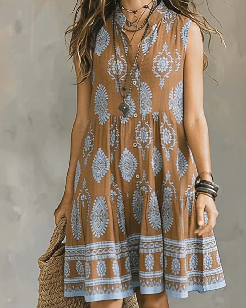 Kleid Boho-Muster Ärmellos Kurzer Stehkragen