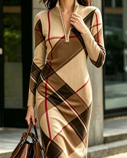 Pullover Kleid Karierter Reißverschluss Stehkragen