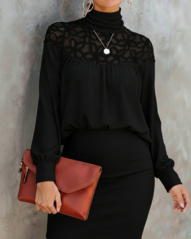 Kleid hoher Ausschnitt spitzenbesetzt Mode