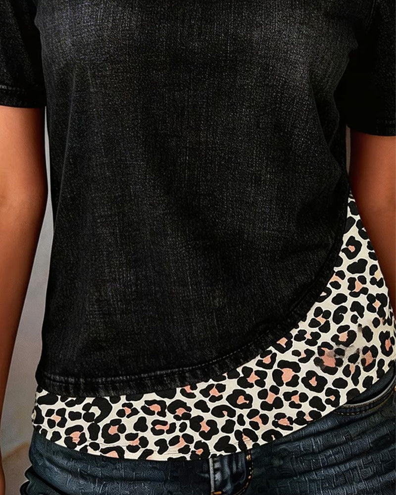 Top Off-Shoulder Denim Patchwork Leopardenmuster