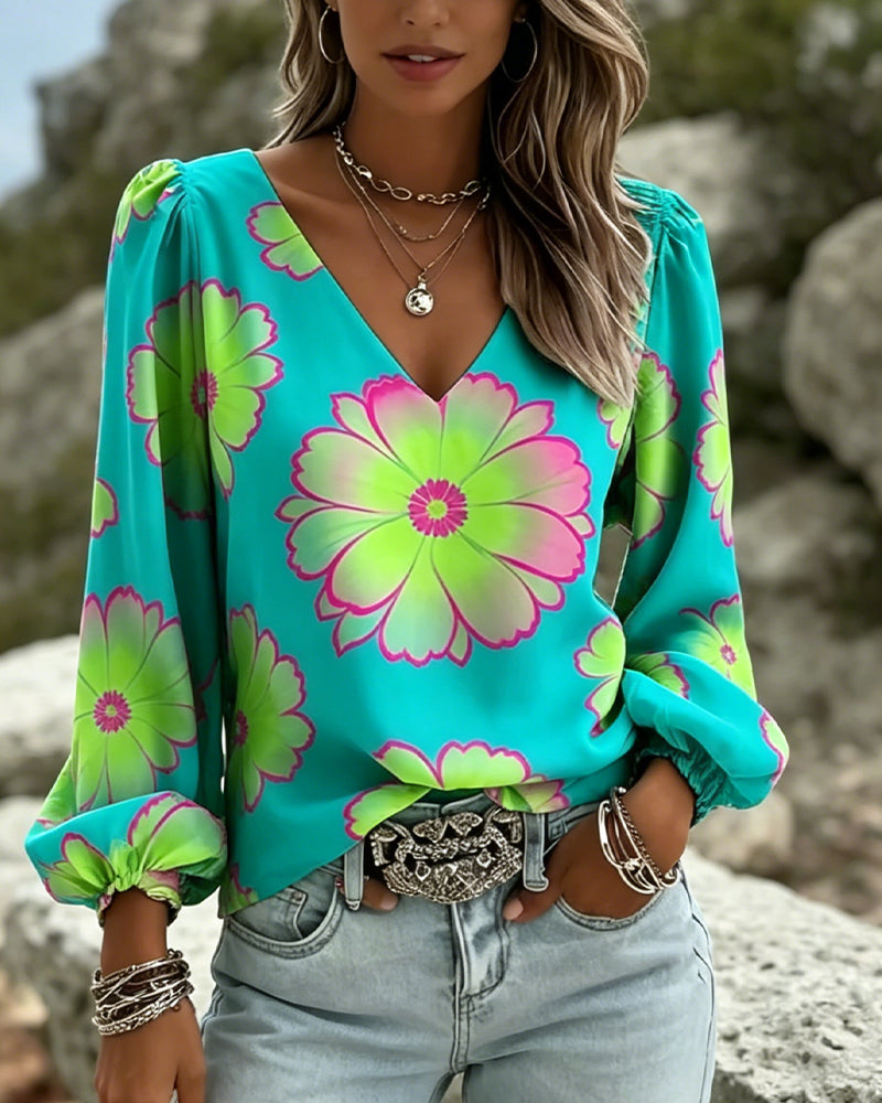 Bluse Farbblock Großer Blumenprint Laternenärmel