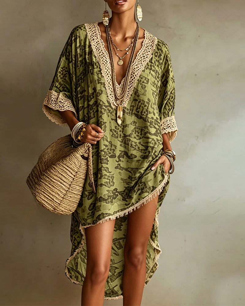 Kleid Fransenbesatz V-Ausschnitt Resort Cover-up