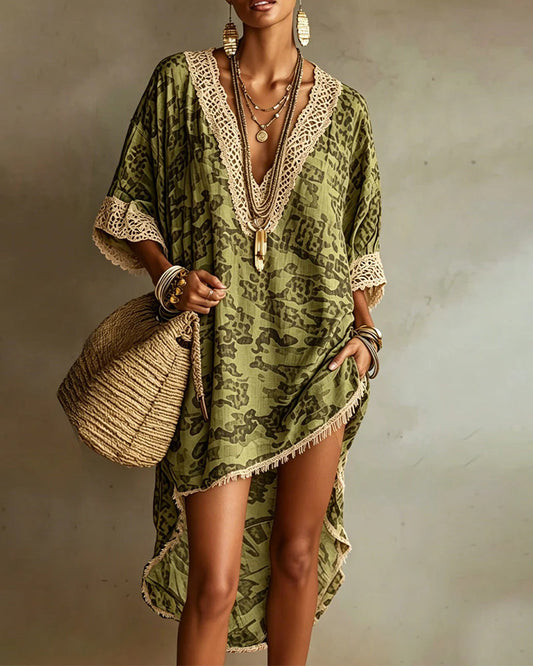 Kleid Fransenbesatz V-Ausschnitt Resort Cover-up