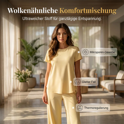 🔥50% Rabatt！❄️2026 Neuheit – heiß begehrt！🌿 Lounge Set mit Rundhals & weiter Hose – Baumwollmischung, atmungsaktiv, figurschmeichelnd – in Gelb & Blau (S–5XL)