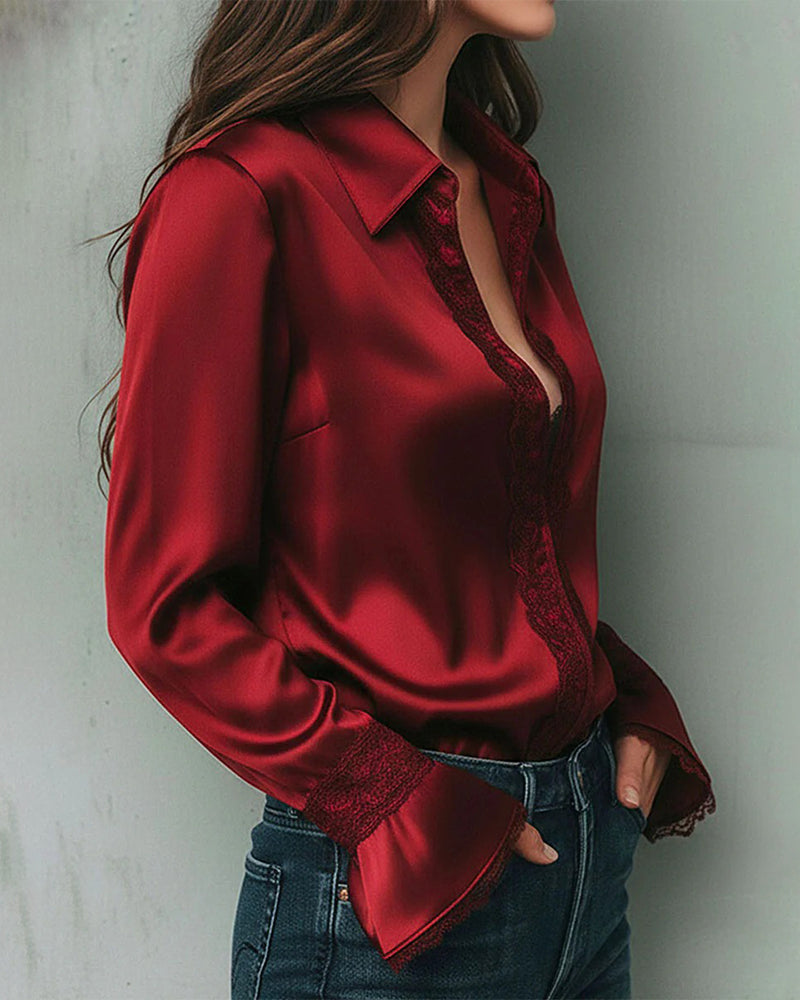 Bluse Satin Spitzeneinsatz Revers