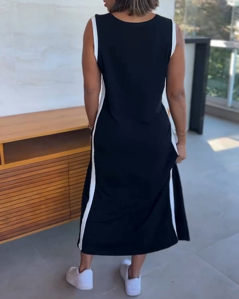 Kleid Colorblock ärmellos Schlitz Maxi
