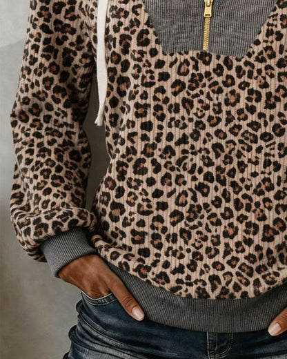 Hoodie Leopardendruck Spliced Halber Reißverschluss