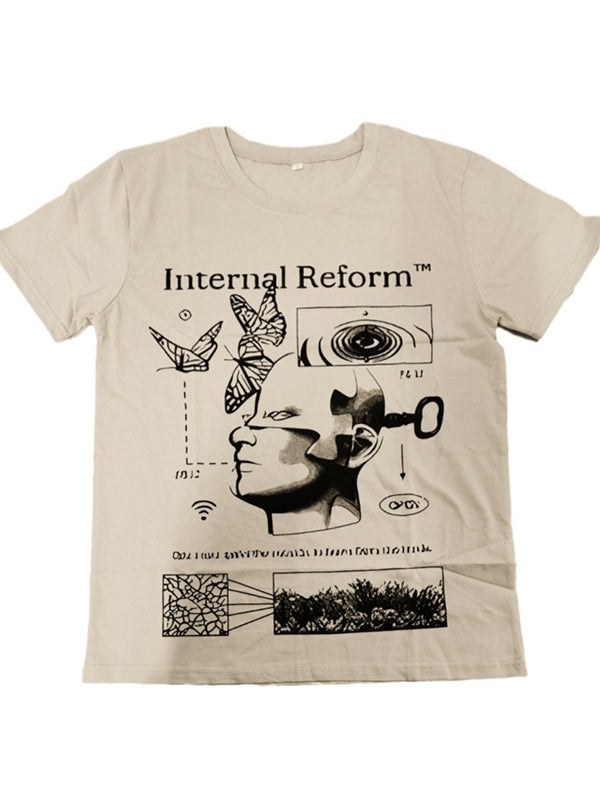 Aprikot Vintage Print Oversized Kurzarm Shirt