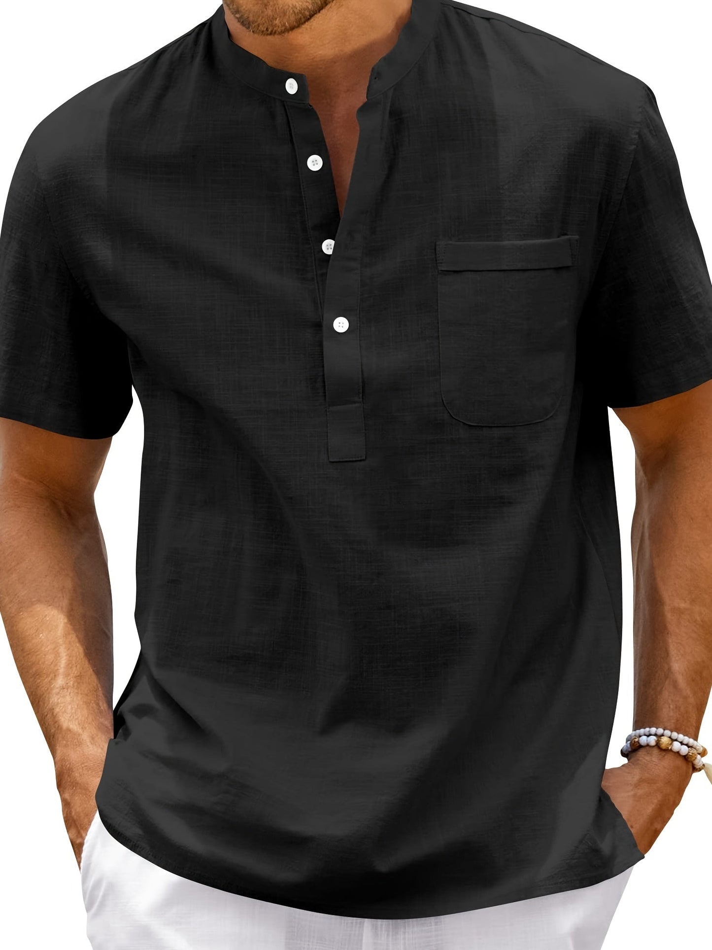 Leinen-Henley-Shirt mit Knopfleiste - Schwarz