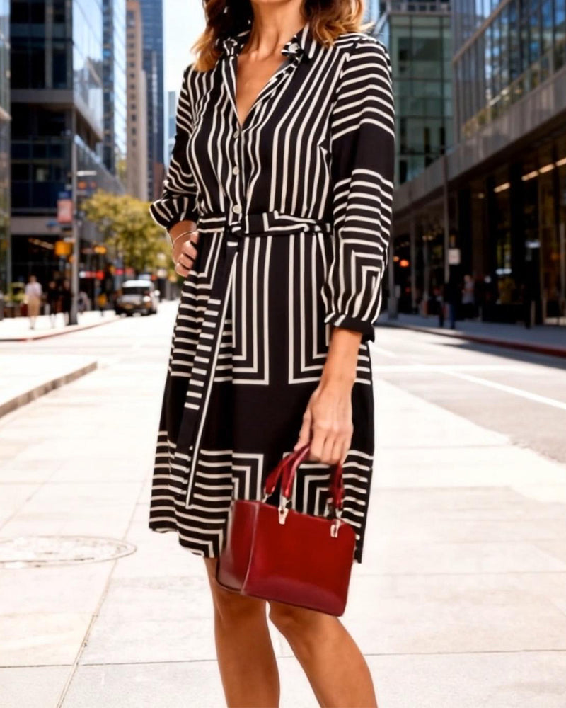 Kleid Revers Kragen Gestreifter Druck