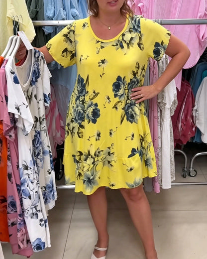 Kleid Rundhals Blumen A-Linie