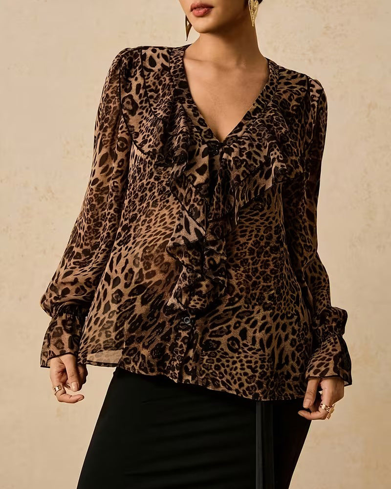 Bluse V-Ausschnitt gerüscht Leopardenprint