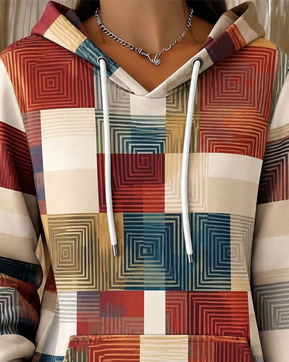 Hoodie Karo Farbblock Kordelzug