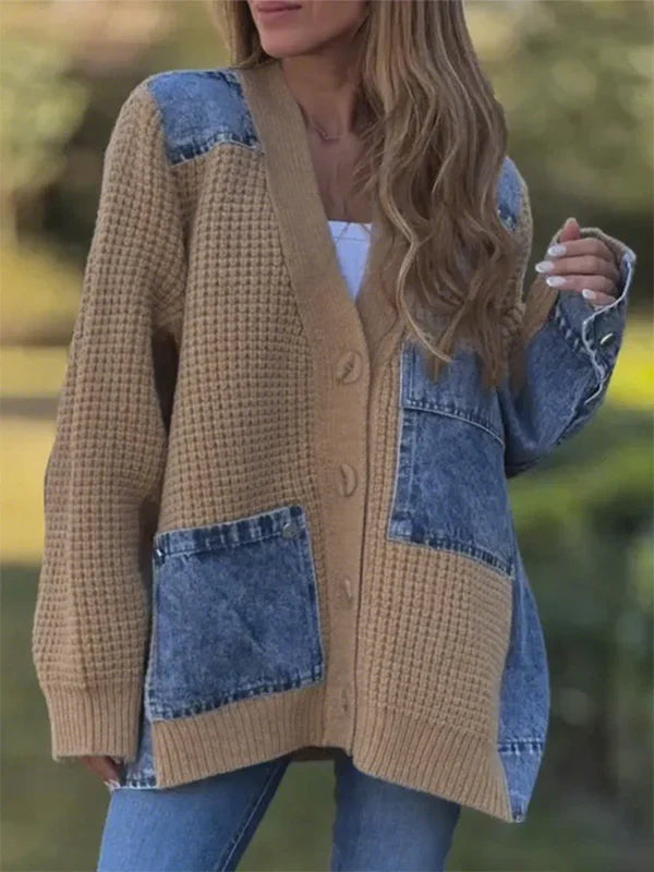 Denim patchwork knitted loose cardigan jacket