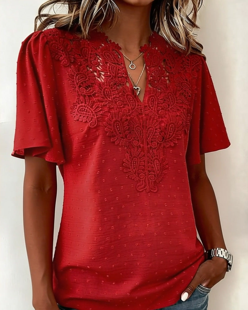 Bluse Spitze V-Ausschnitt Kurzarm