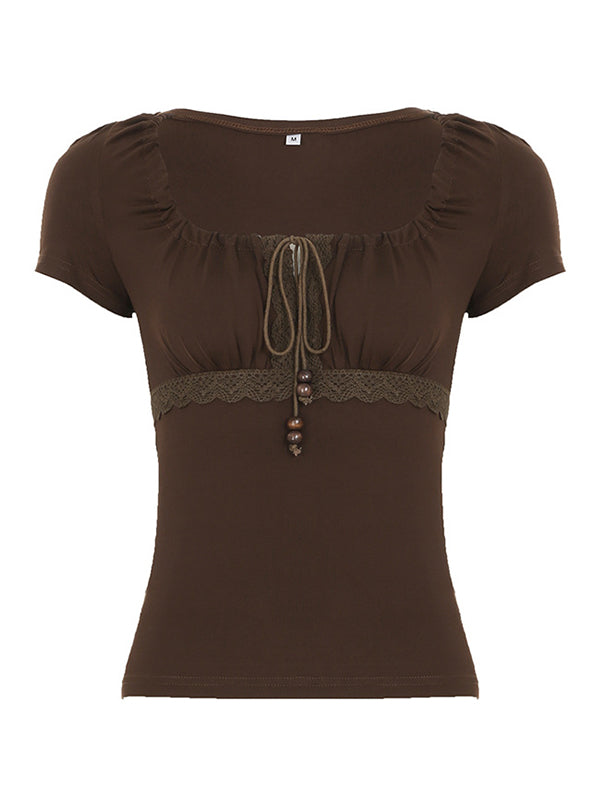 Einfarbiges Vintage T-Shirt mit Perlen Kordelzug Kurzarm