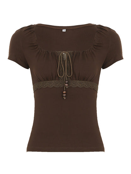 Einfarbiges Vintage T-Shirt mit Perlen Kordelzug Kurzarm