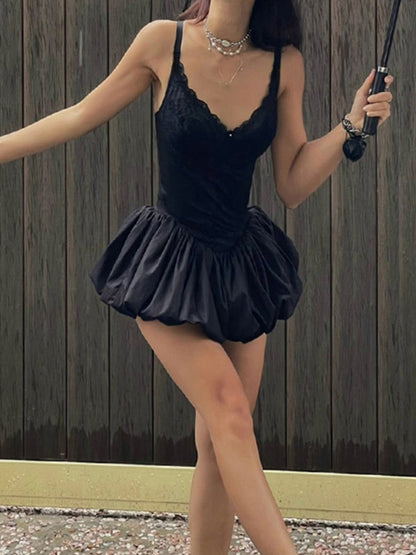 Schwarzes Y2k Lace Stitching V Ausschnitt Mini Kleid
