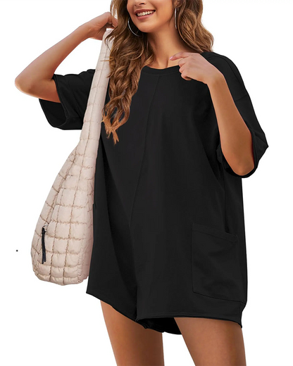 Jumpsuit Rundhalsausschnitt Mit Großer Tasche Shorts