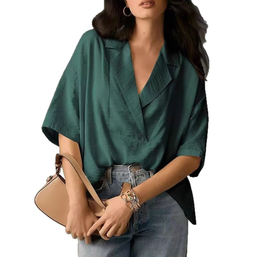 Teal V-Neck Blouse with Loose Fit for Women - Azzurra