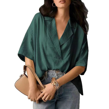 Teal V-Neck Blouse with Loose Fit for Women - Azzurra