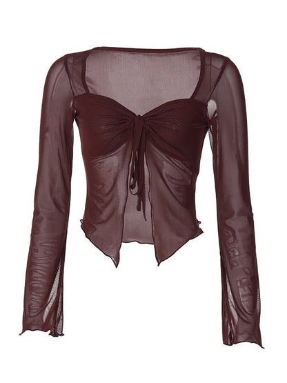 Braunes Y2k Langarm T-Shirt mit Holzdetails