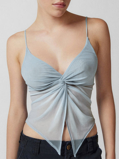 Einfarbiges Y2k V Ausschnitt Mesh Cami Top