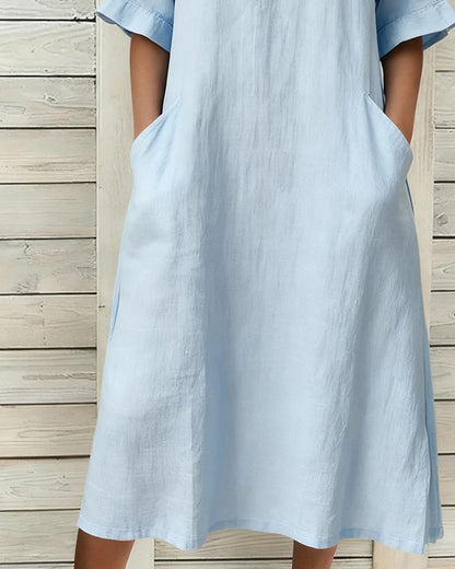 Kleid Leinen Stehkragen Mittel Ärmel