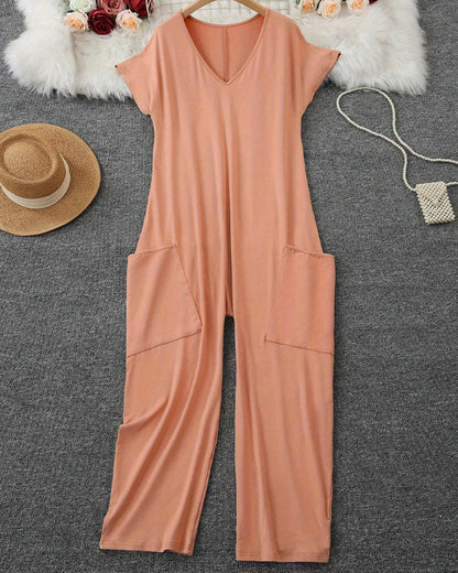 Jumpsuit V-Ausschnitt Kurzarm Weites Bein